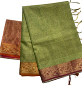 Parrot Green Tissue Saree with Orange & Pink Border
